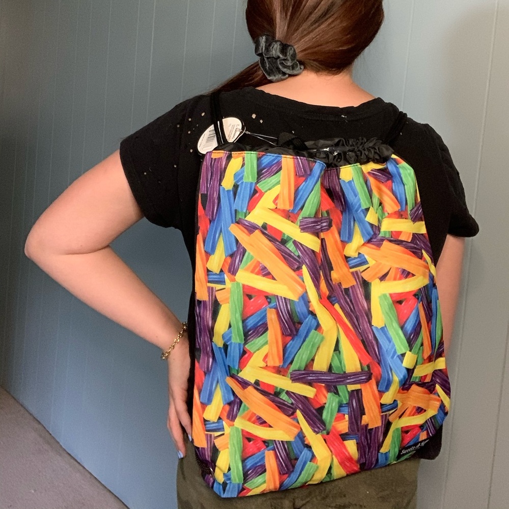 A candy themed string bag.
